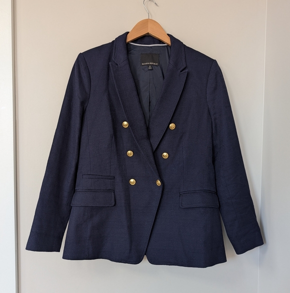 Banana Republic Navy Tweed Blazer With Gold Buttons Structured Captain